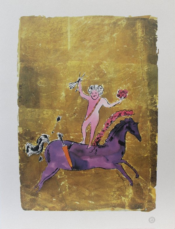Andy Warhol ,UNTITLED (Cupid Atop Purple Horse), circa 1957, Ink, Watercolor, and gold leaf on Strathmore paper