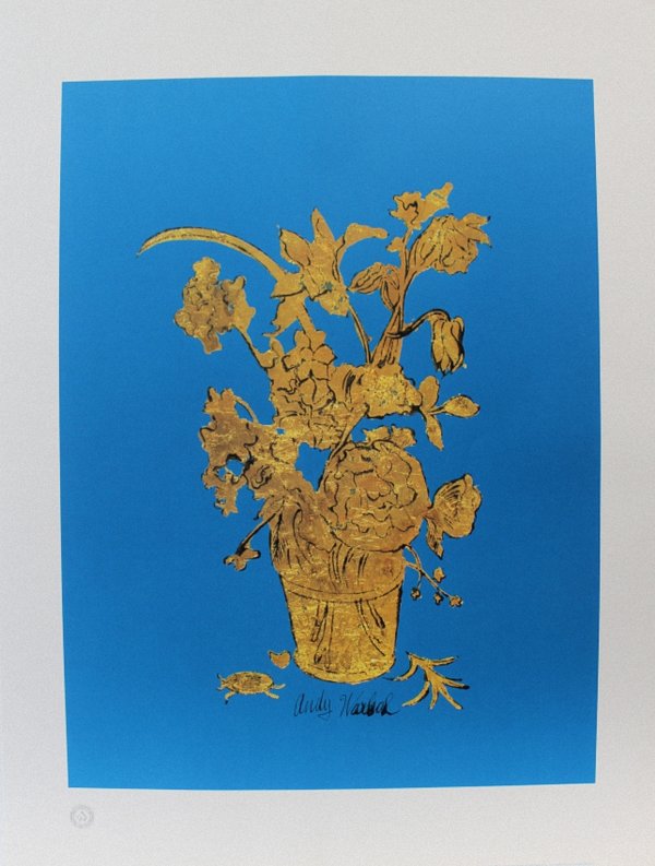 Andy Warhol , UNTITLED, (Gold Plotted Flowers) circa 1957, Ink and gold leaf on blue paper,  60 x 80 cm
